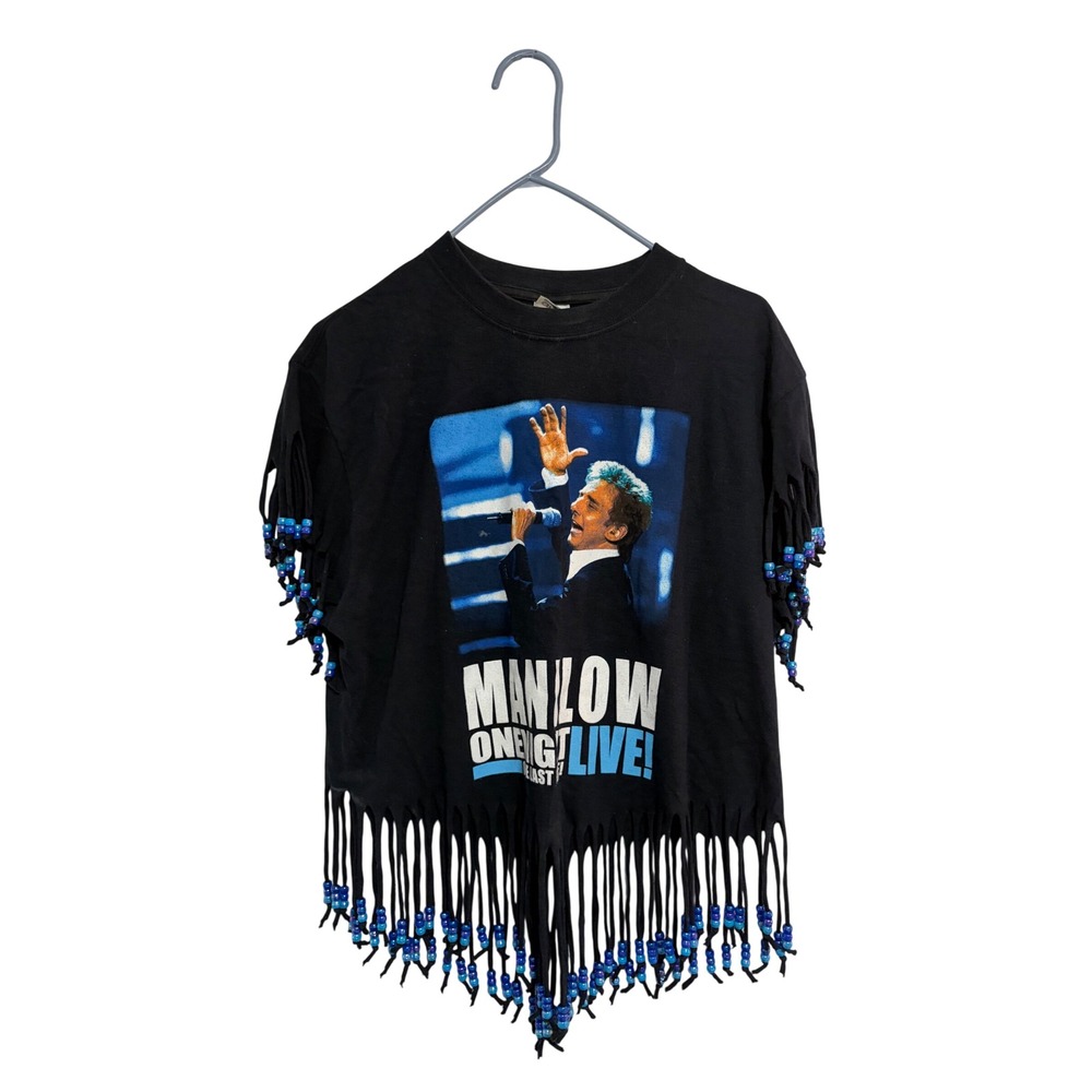 Barry‎ Manilow T-Shirt 2004 Tour Fringe Beaded Black Graphic Tee Medium Y2K Boho